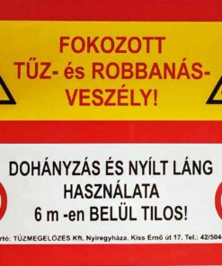 Fokozott tűz és Robbanásveszély, dohányzás és nyílt láng használata 6m-en belül tilos